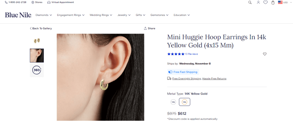 Mini Huggie Hoop Earrings In 14k Yellow Gold (4x15 Mm) - screenshot