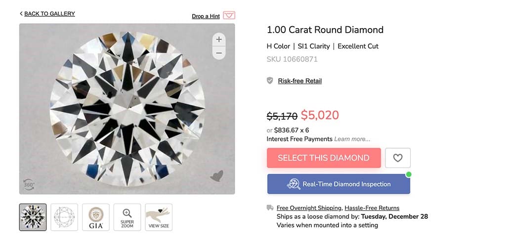 Screenshot of a James Allen round cut diamond