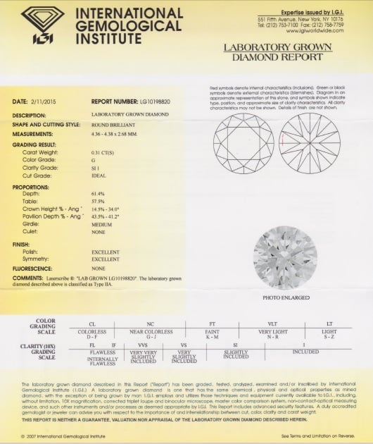 An example of an IGI Lab-Grown Diamond Grading Report