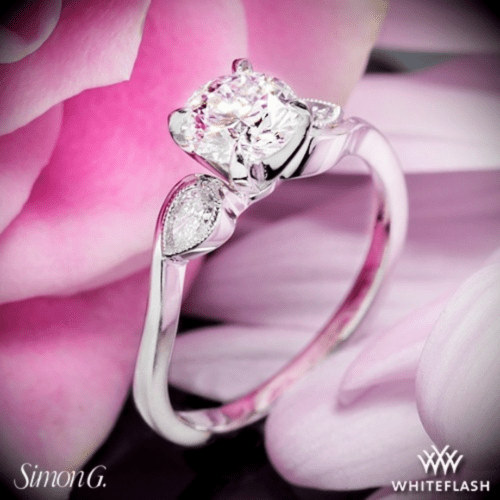 18k White Gold Simon G. MR2342 Dutchess Three Stone Engagement Ring at Whiteflash