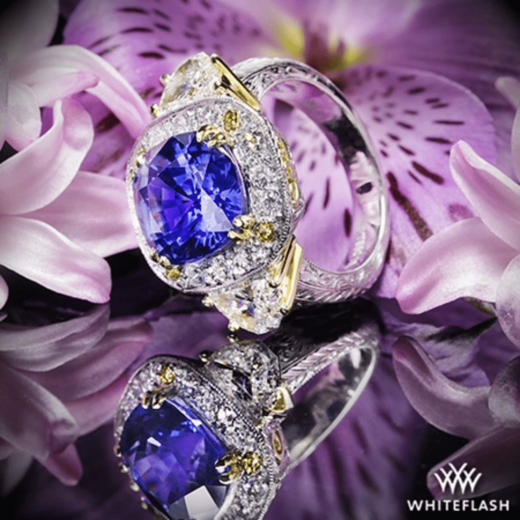5.66ct Cushion Blue Sapphire set in Platinum "Queen Elizabeth" Diamond Right Hand Ring at Whiteflash