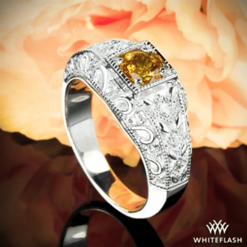 14k White Gold Yellow Sapphire and Diamond Right Hand Ring