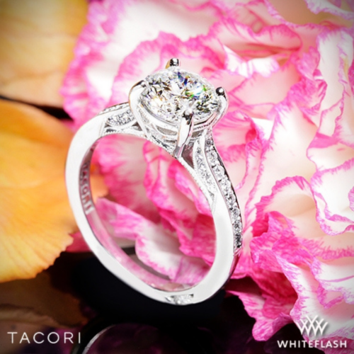 18k White Gold Tacori 2638RD P Dantela Crescent Motif Pave Diamond Engagement Ring for 1ct Center at Whiteflash