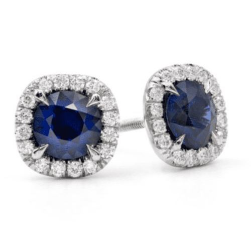 Blue sapphire diamond halo earrings at adiamor