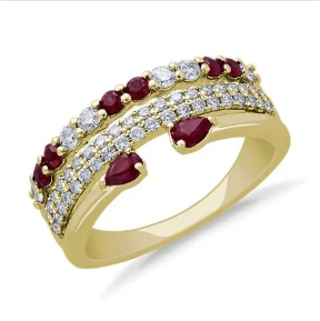 3-Row Stacked Ruby Open Pear And Pavé Diamond Ring In 14k Yellow Gold (3/8 Ct. Tw.) at Blue Nile