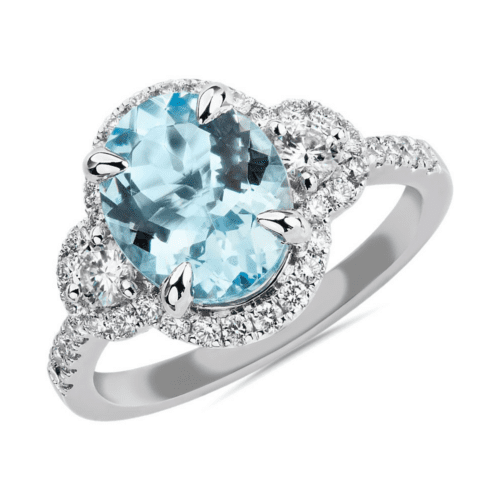 Oval Aquamarine And Diamond Halo Ring In 14k White Gold