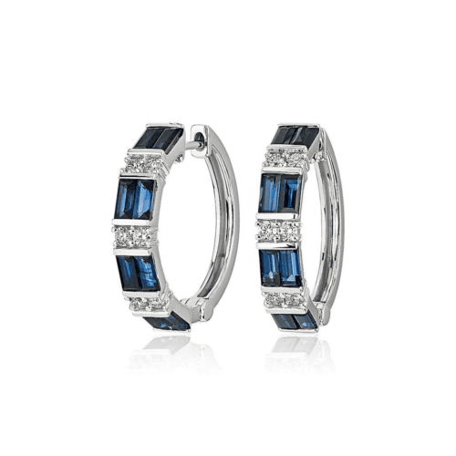 Alternating Sapphire Baguette And Round Diamond Hoop Earrings In 14k White Gold